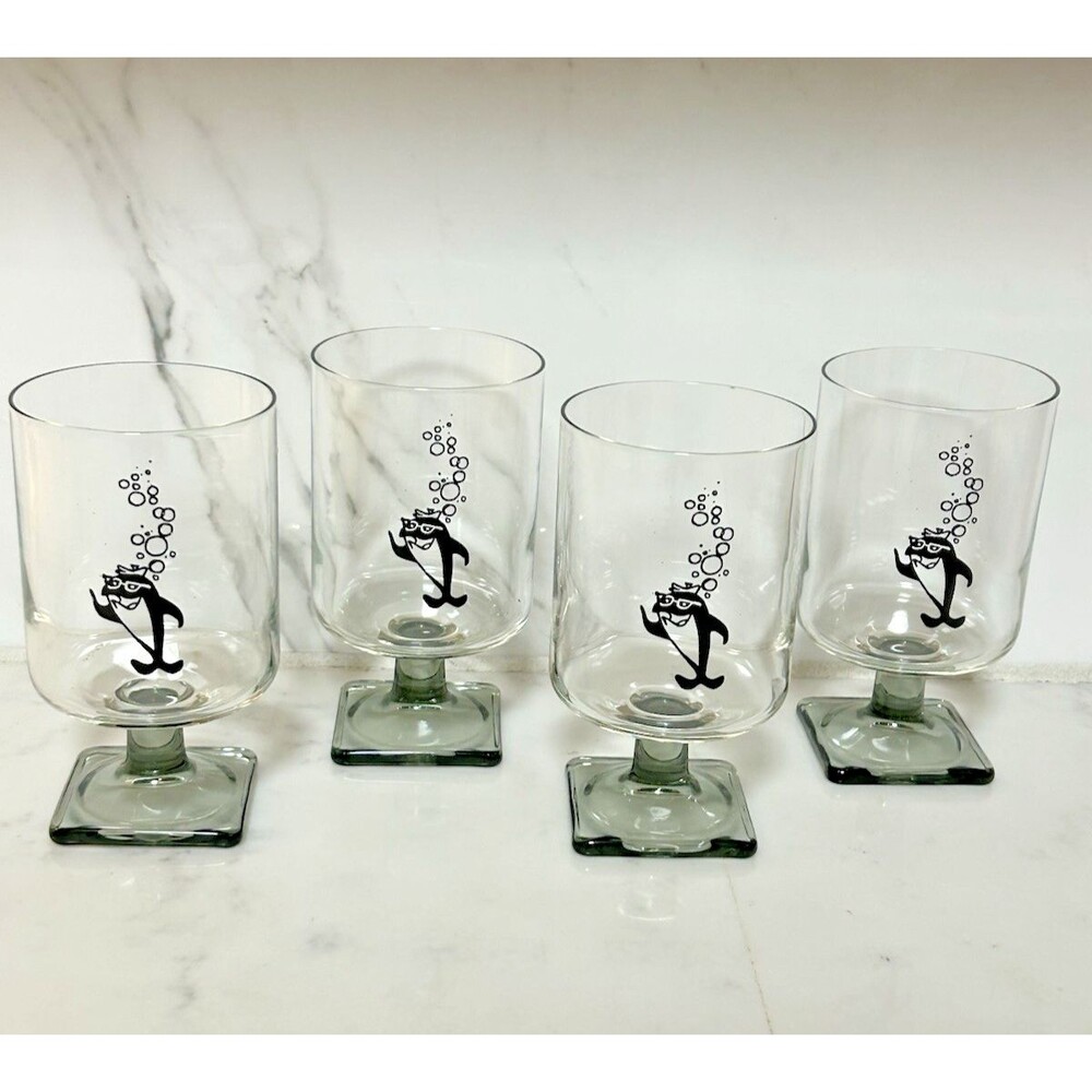 Vintage StarKist Charlie Tuna Square Base Pedestal Glasses Set of 4: 1970s